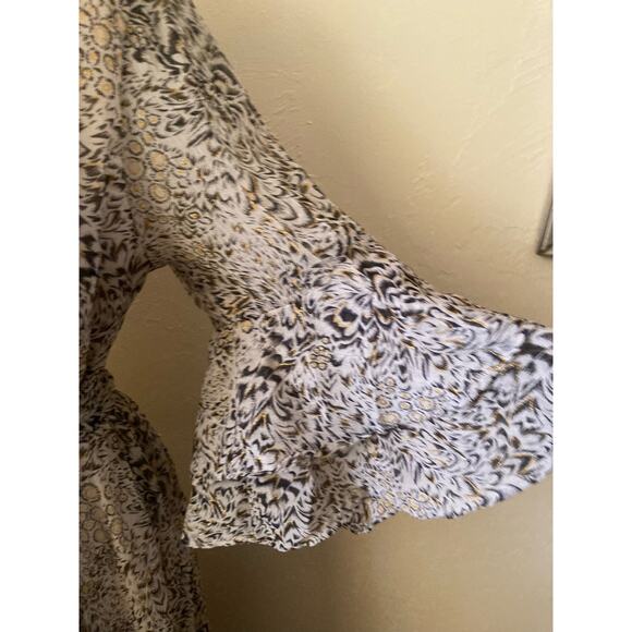 Une Ame Women's Dress Size XL Taupe Gold Sparkle Flutter Belted Chiffon - Picture 6 of 11